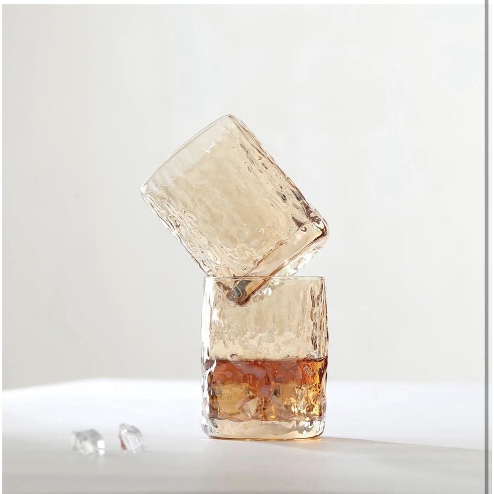 Set of 2 Amber Textured Whiskey Glasses 9oz Ripple Cocktail Tumblers